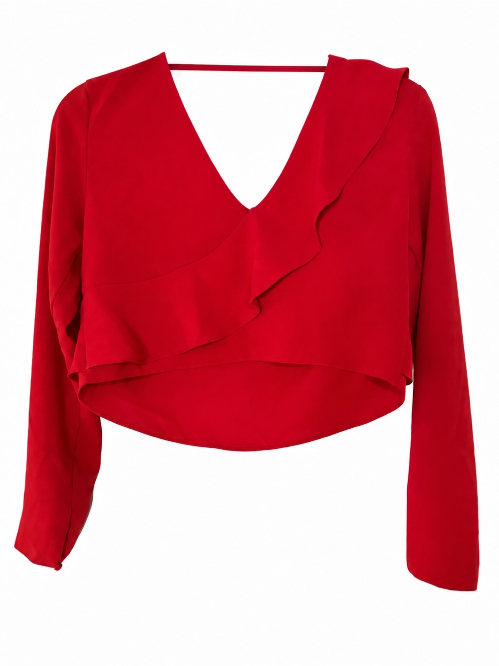 Zara Red V-Neck Ruffle Long-Sleeve Crop Top